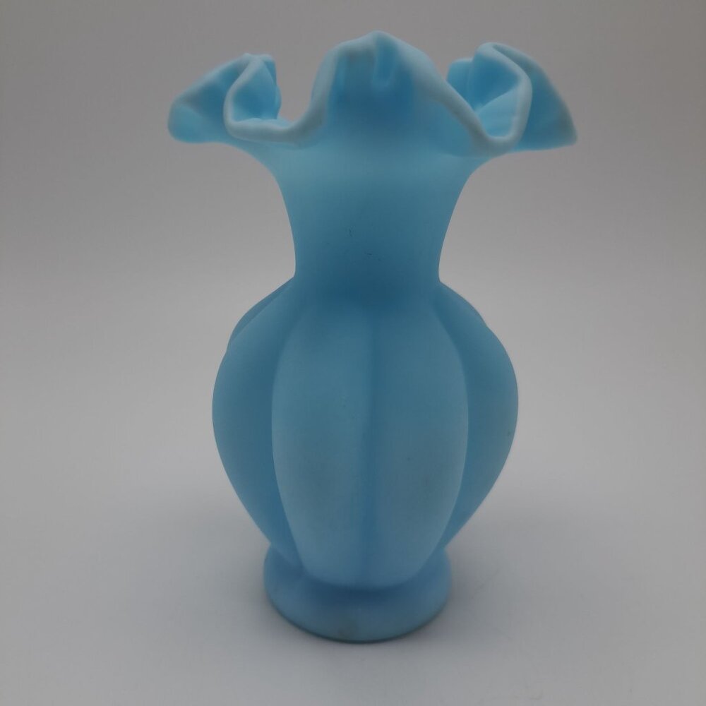 Fenton Art Glass Blue Satin Melon Vase Vintage Collectible Ruffled Edge